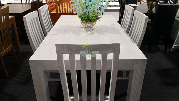Amanda# NZ Pine White Wash White Wash Dining Suite | 2.1M Table&8 Chairs